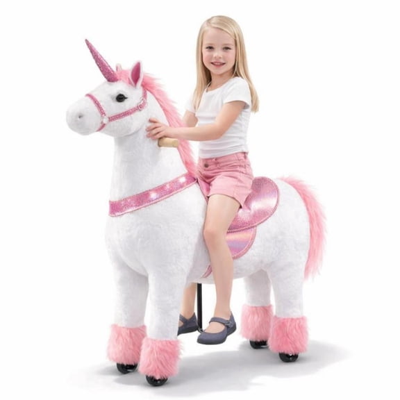 ICEELF Ride-On Unicorn Toy for Kids & Adults, Mechanical Walking Plush Unicorn, No Battery Powered Riding Animal with Steering Handle, Max Load 187 lbs, Pink