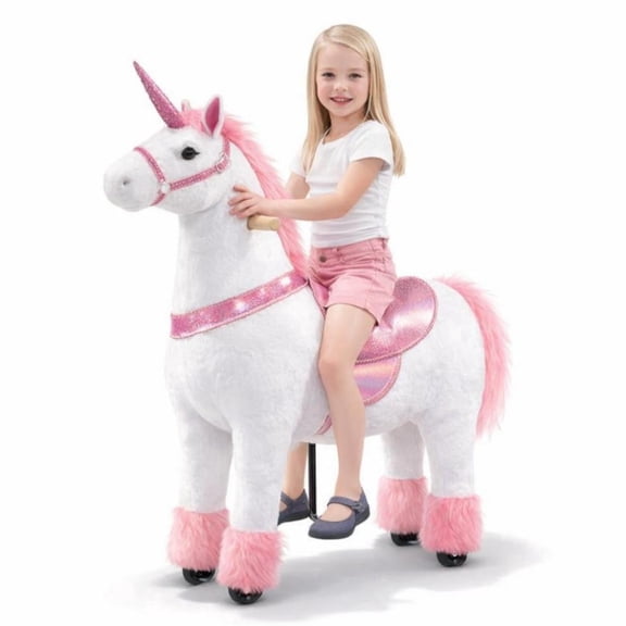 ICEELF Ride-On Unicorn Toy for Kids & Adults, Mechanical Walking Plush Unicorn, No Battery Powered Riding Animal with Steering Handle, Max Load 187 lbs, Pink