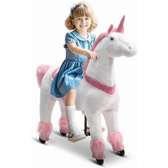 ICEEIF Ride-On Unicorn Toy for Kids & Adults, Mechanical Walking Plush Unicorn, No Battery Powered Riding Animal with Steering Handle, Max Load 187 lbs, Pink