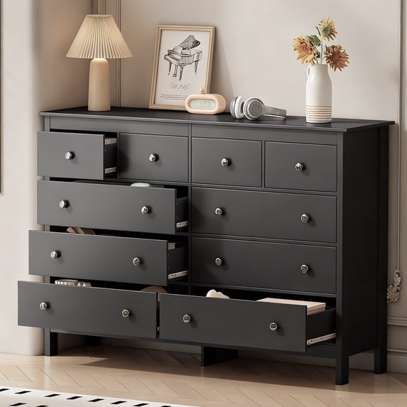 Pipleo Black Dresser, 10 Drawer Dresser, 55" Modern Wooden Dressers Chests of Drawer, 10 Drawers Wide Dresser for Bedroom
