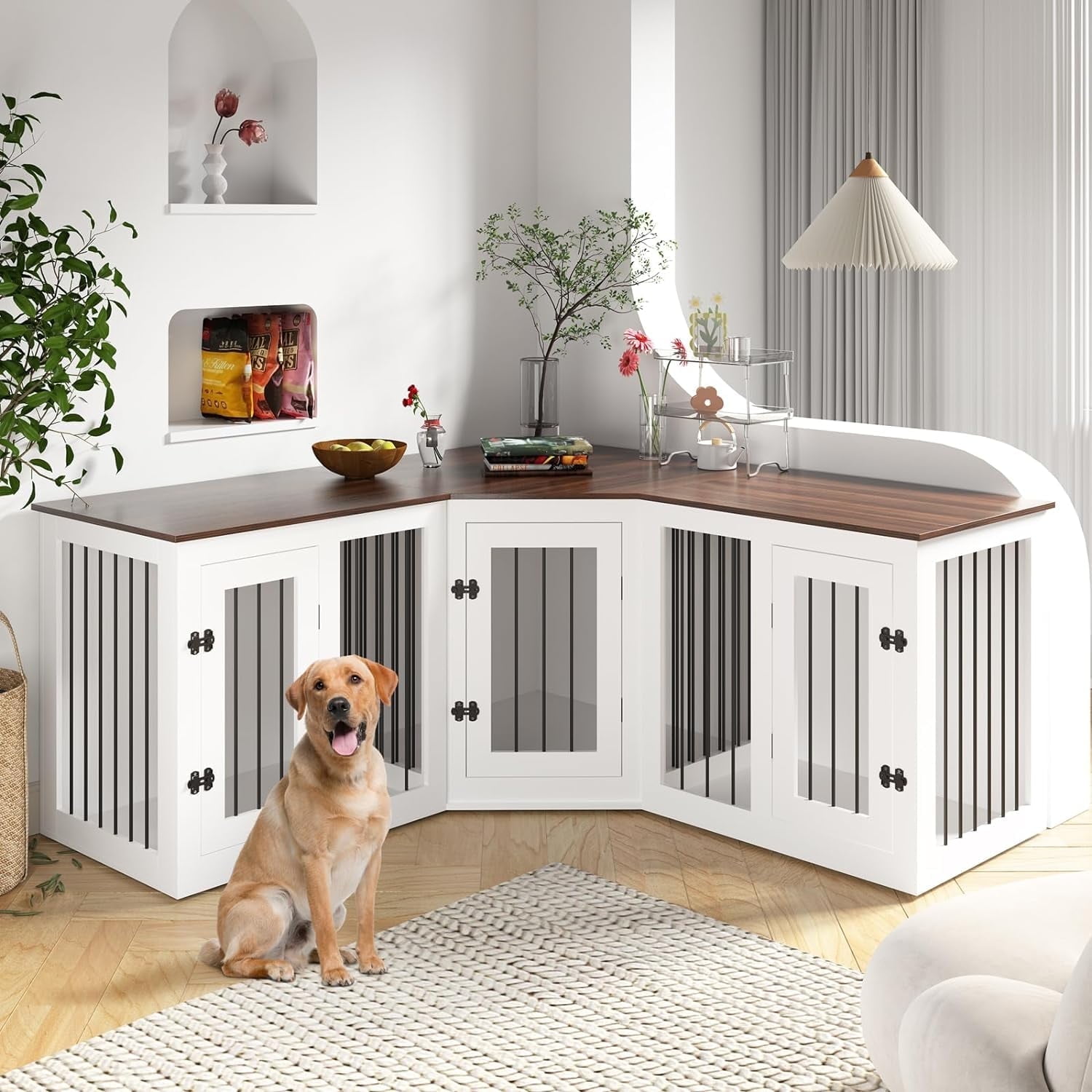 ICEELF 113 Large Dog Crate Furniture for 3 Dogs Corner Dog Crate with Divider Wooden Indoor Dog Kennel Furniture Dog Crate cage for Large Medium