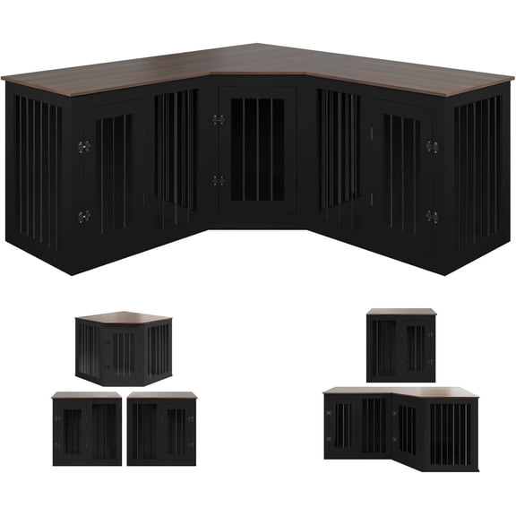 NEORIVER 113" Large Dog Crate Furniture for 3 Dogs, Corner Dog Crate with Divider, Wooden Indoor Dog Kennel Furniture, Dog Crate cage for Large Medium Small Dogs, Combined in 3 Ways