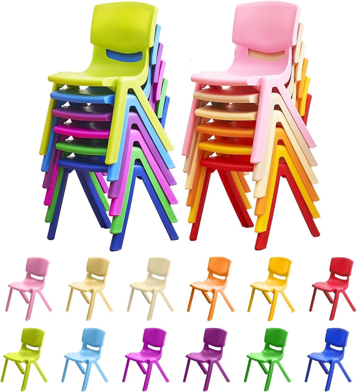 Linor 12Pcs Stackable School Chairs, Colorful Kids Plastic Chair for Toddlers with 12'' Seat, Kids Flexible Seating for Classroom Elementary, School, Daycare, Outdoor, Classroom，Back to School