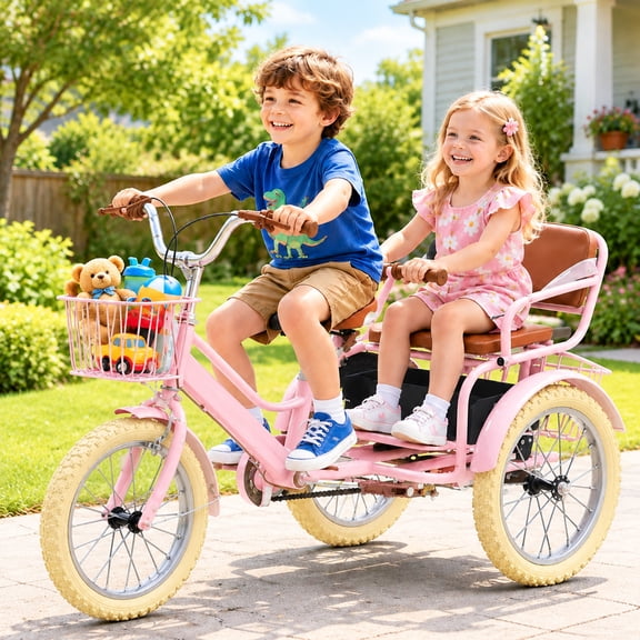 ICEELF 16-Inch Kids Tricycle for Ages 4-9, Height-Adjustable Dual-Seat Trike with 3 Storage Baskets and Dual Hand Brakes