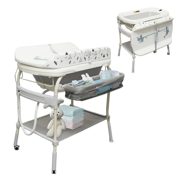 Linor 2 in 1 Bathtub with Changing Table, Waterproof Diaper Changing Station Portable Changing Table Adjustable Height Nursery Organizer with Storage Racks