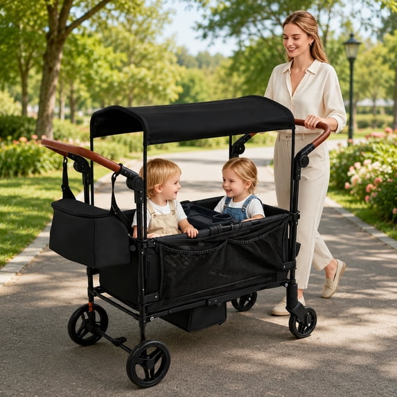 ICEELF 2-Seater Wagon Stroller for 2 Kids, Reversible Seats, Removable Canopy, Snack Tray, Large Storage, Foldable, Adjustable Double Push Handles, Black