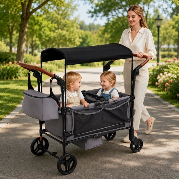 ICEELF 2-Seater Wagon Stroller for 2 Kids, Reversible Seats, Removable Canopy, Snack Tray, Large Storage, Foldable, Adjustable Double Push Handles, Gray