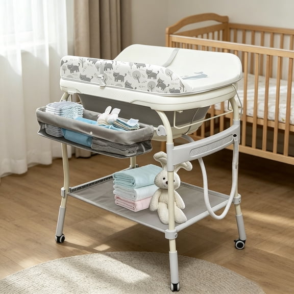 ICEELF 2-in-1 Baby Bathtub & Changing Table, Foldable Diaper Changing Station with 6 Wheels, Adjustable Height Portable Nursery Organizer with Waterproof Pad & Storage Rack for Newborns & Infants