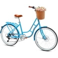 thumbnail image 1 of ICEELF 24'' Women's Beach Cruiser Bike, 7-Speed Commuter Bicycle with Rattan Basket, Rack, High-Carbon Steel Frame, Dual Disc Brakes, Step-Through, Blue, 1 of 8
