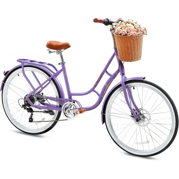 ICEELF 24'' Women's Beach Cruiser Bike, 7-Speed Commuter Bicycle with Rattan Basket, Rack, High-Carbon Steel Frame, Dual Disc Brakes, Step-Through, Purple
