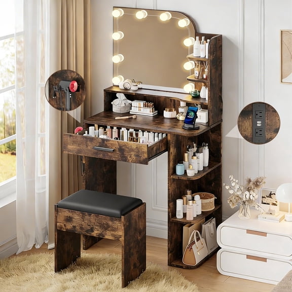 Pipleo 26.4" Small Makeup Vanity Set with Mirror and Lights, Modern Vanity Desk with Bench and Power Outlets