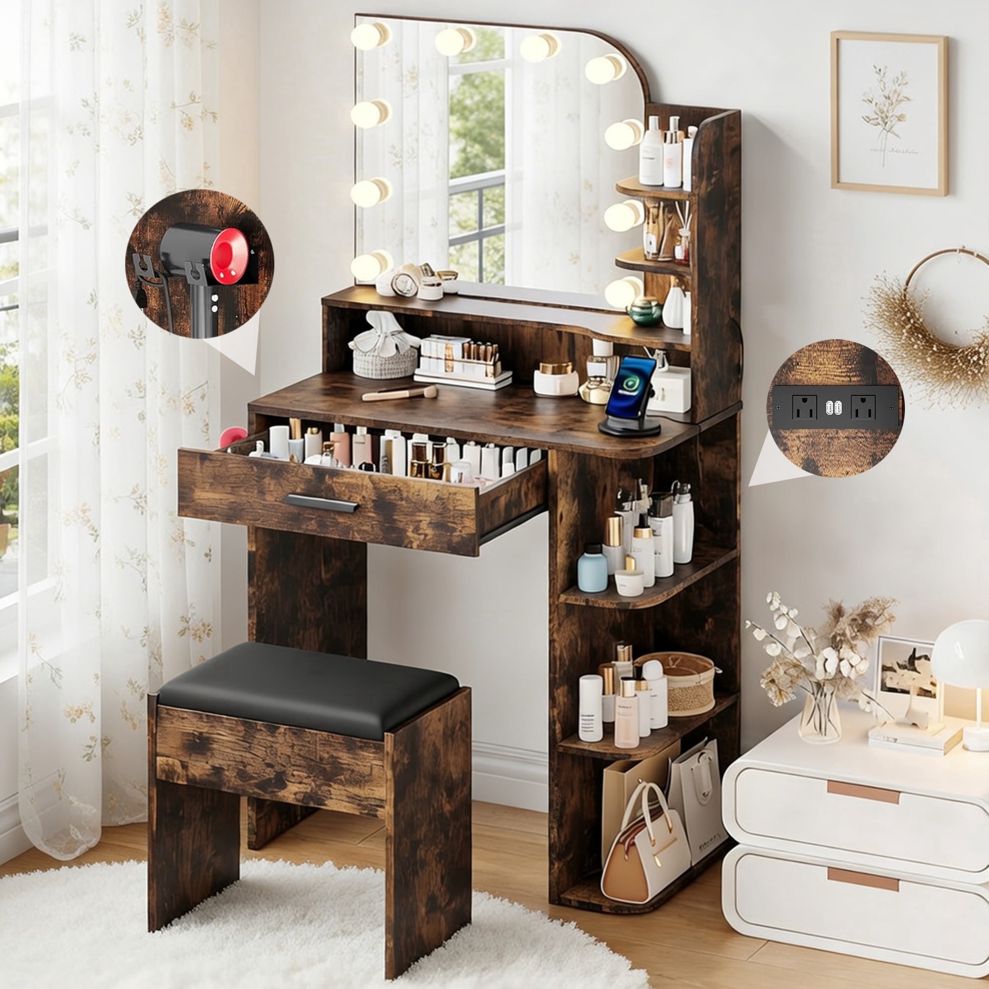 26.4" Small Makeup Vanity Set with Mirror and Lights, NEORIVER Modern Vanity Desk with Bench and Power Outlets