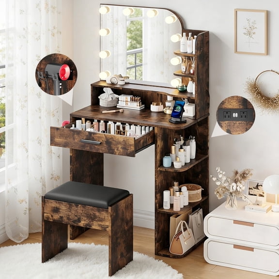26.4" Small Makeup Vanity Set with Mirror and Lights, NEORIVER Modern Vanity Desk with Bench and Power Outlets