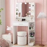 Vanity Desk with Mirror and Lights, NEORIVER White Vanity Mirror with Lights with Large Drawer and 6 Level Storage, White Vanity with Large Led Mirror with 3 Color Lighting Modes