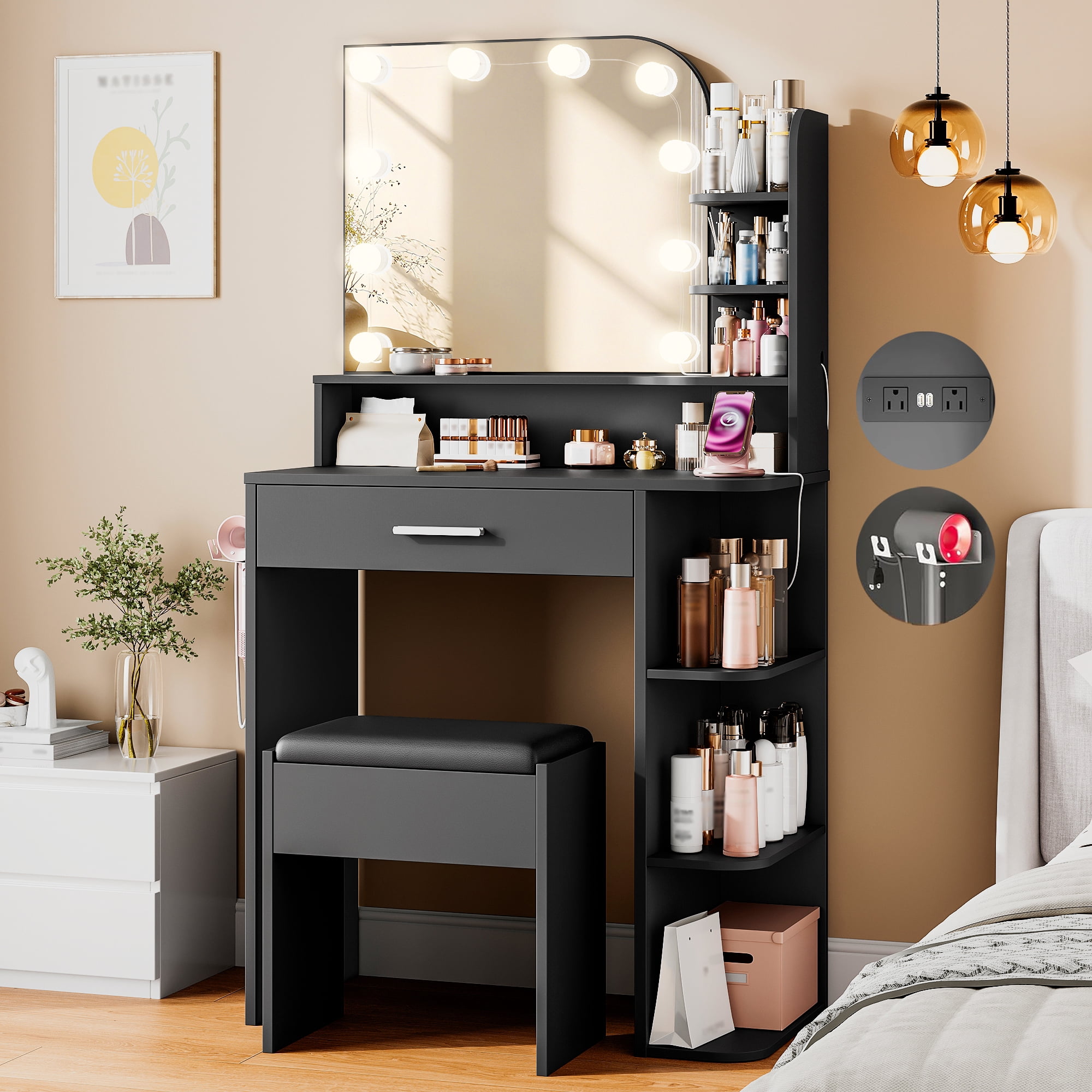 26.4" Small Makeup Vanity Set with Mirror and Lights, NEORIVER Modern Vanity Desk with Bench and Power Outlets
