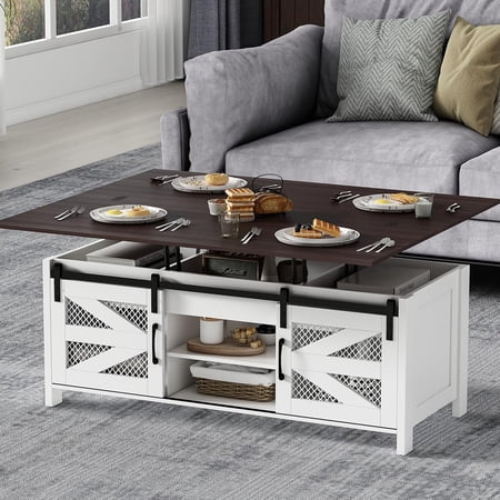 ICEELF 47.2" Lift Top Coffee Table, 4 in 1 Farmhouse Coffee Table with Sliding Barn Door, Coffee Tables for Living Room, Dining Room