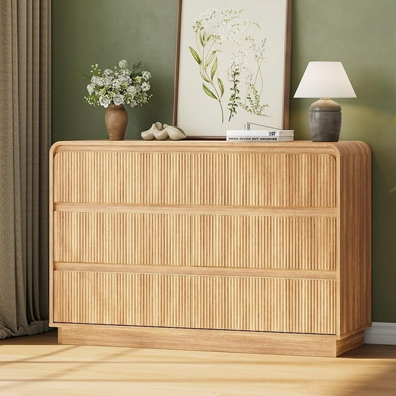 Pipleo 48" Fluted 6-Drawer Dresser, Handleless Wooden Chest with Curved Design for Bedroom & Living Room, Natural Oak