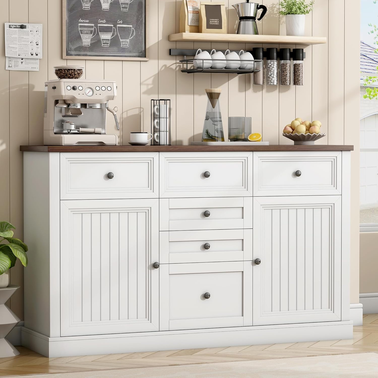 Pipleo 57.4" Farmhouse Coffee Bar Cabinet with 6 Drawers & 2 Barn Doors, White, 1 Piece