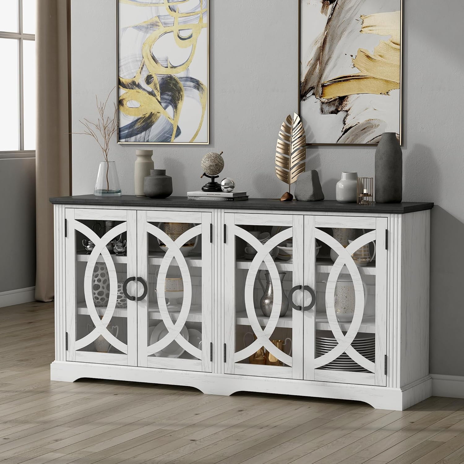 Antique White Farmhouse Sideboard Buffet with Glass Barn Doors