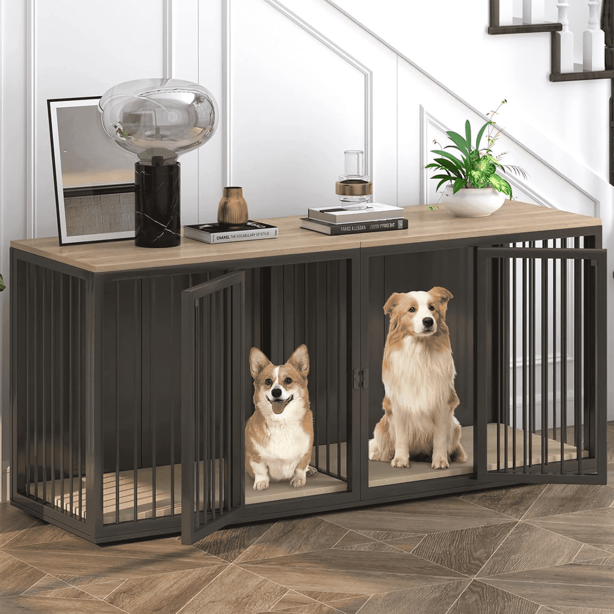 Large Black Steel Frame Double Dog Crate Furniture