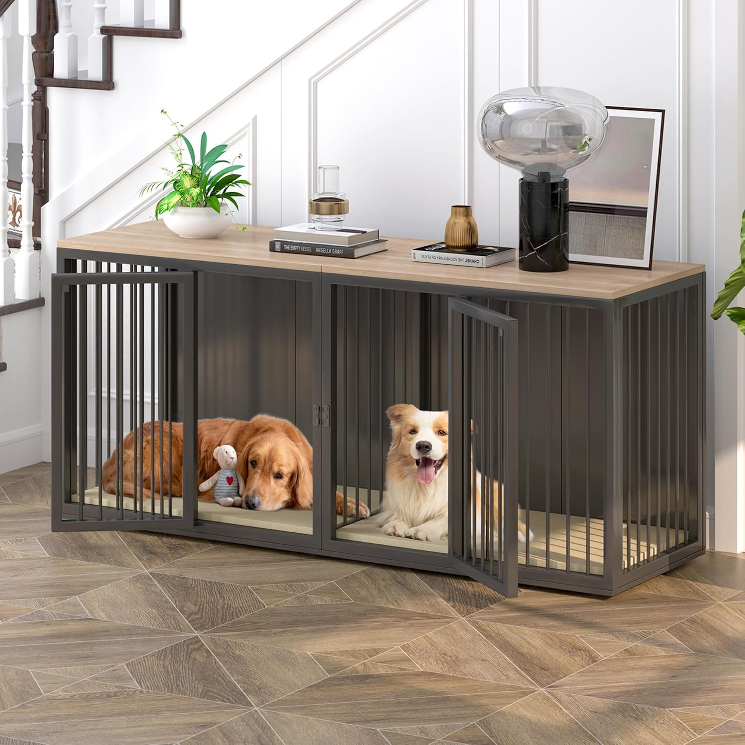 ICEELF 71.6" Large Dog Crate Furniture, 2-Door Frame Pet Crate ...