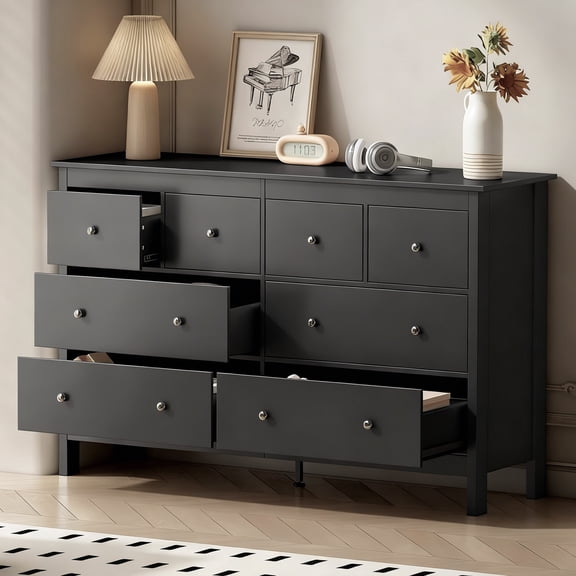 Pipleo Black Dresser, 8 Drawer Dresser, 50" Modern Wooden Dressers Chests of Drawer, 8 Drawers Wide Dresser for Bedroom
