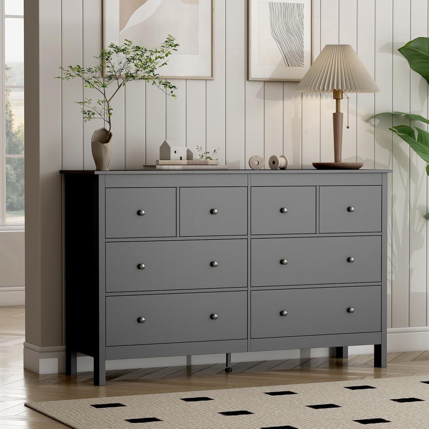 Pipleo Black Dresser, 8 Drawer Dresser, 50" Modern Wooden Dressers Chests of Drawer, 8 Drawers Wide Dresser for Bedroom