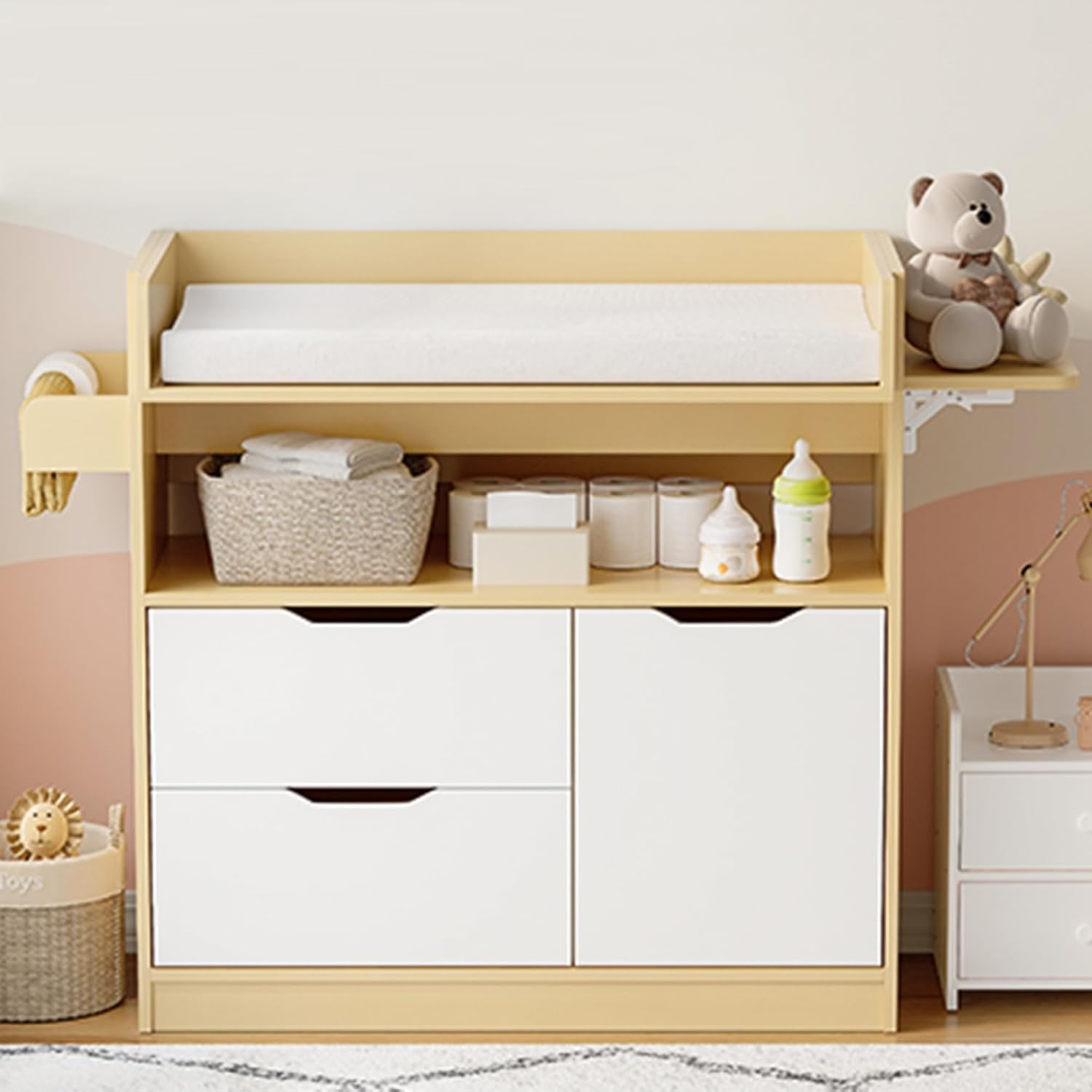 ICEELF Baby Changing Table Dresser with 3 Drawer, Non-Slip, and Storage Shelves, Brown