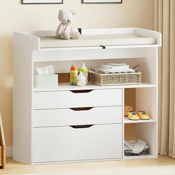 Linor Baby Changing Table Dresser with 3 Drawers and 3 Storage Shelves, Can be Used as a Baby Dresser with Changing Table Top, a Baby Changing Station, a Wood Diaper Changing Station (White)