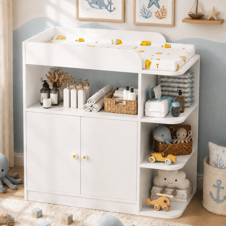 Linor Baby Changing Table Dresser with Large Cabinet, 4 Open Shelves, Anti-tip, and Storage Shelves, Sturdy, Easy-clean, White