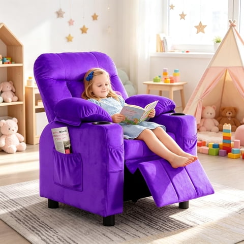 Pipleo Kids Recliner Chairs for Toddlers, Toddlers Recliner Chair with Cup Holder, Footrest, Side Pockets, Ergonomic Adjustable Velvet Kids Lounge Chair, Comfortable Recliner Chair for Boys Girls