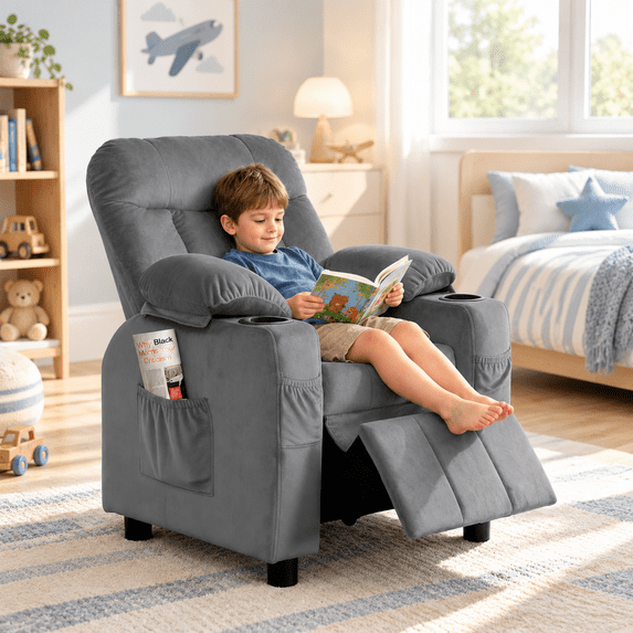 Pipleo Kids Recliner Chairs for Toddlers, Toddlers Recliner Chair with Cup Holder, Footrest, Side Pockets, Ergonomic Adjustable Velvet Kids Lounge Chair, Comfortable Recliner Chair for Boys Girls