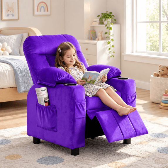 Pipleo Kids Recliner Chairs for Toddlers, Toddlers Recliner Chair with Cup Holder, Footrest, Side Pockets, Ergonomic Adjustable Velvet Kids Lounge Chair, Comfortable Recliner Chair for Boys Girls