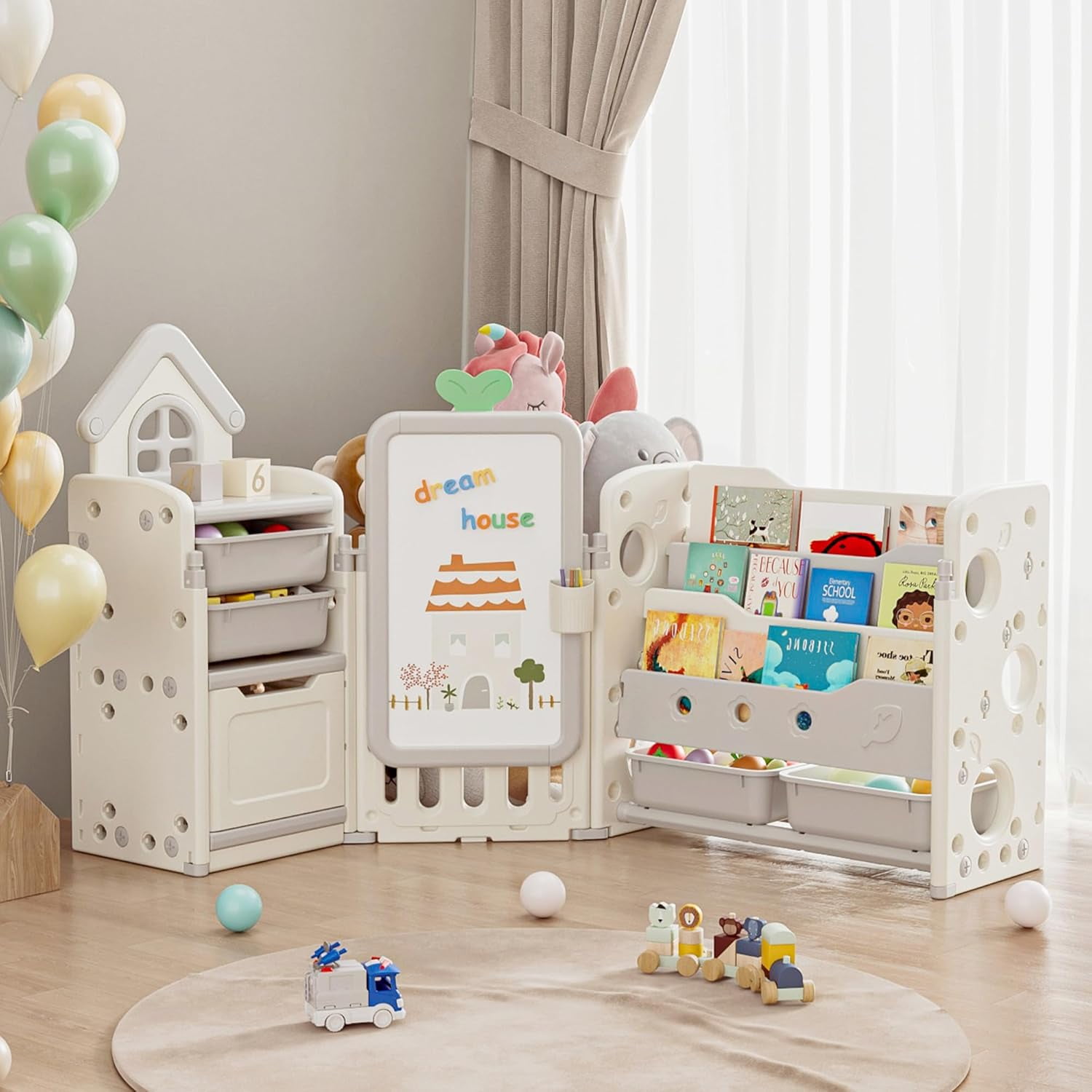 Kids Toy Storage Organizer with 10 Removable Bins, NEORIVER Foldable Toy Organizers and 3-Tier Bookshelf, White