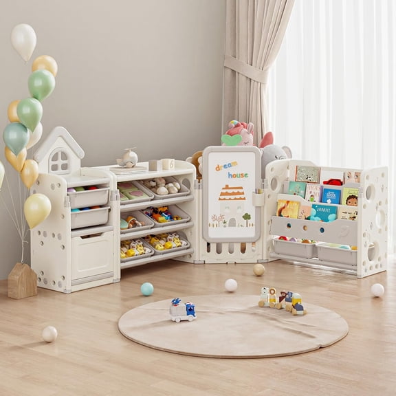 Linor Kids Toy Storage Organizer with 3-Tier Bookshelf, Collapsible, 87.4W x 12.6D x 35.8H", with Removable Bins, Drawing Board & 3 Brushes