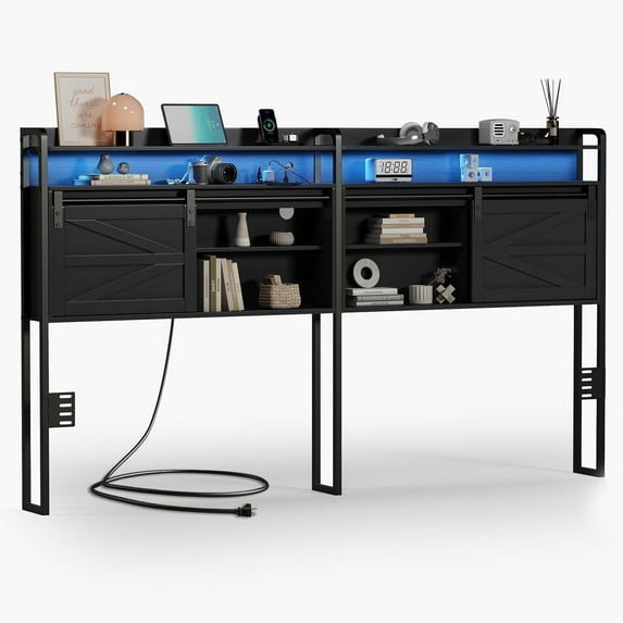 Pipleo King Size Headboard with Storage, 3-Tier King Headboard with Outlets, USB Ports and LED Light, Storage King Size Headboard Only with Sliding Barn Doors, Width Adjustable