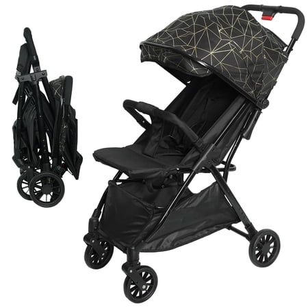 ICEELF Lightweight Baby Stroller, Gravity Automatic One-Hand Fold Travel Stroller with Adjustable Backrest, Canopy, Black, 1 Piece