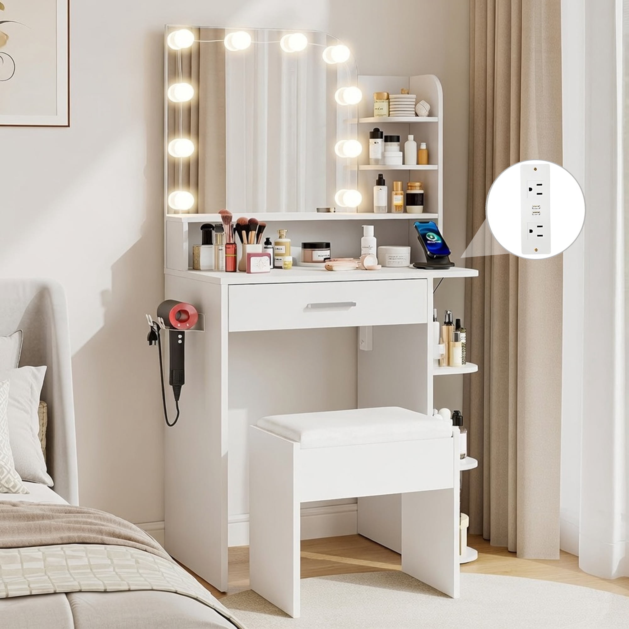 Pipleo  Makeup Vanity Set with Mirror and Lights, 26.4" White Vanity Mirror with Lights with Large Drawer and 6 Level Storage, White Vanity with Large Led Mirror with 3 Color Lighting Modes