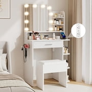 Pipleo Makeup Vanity Set with Mirror and Lights, 26.4" White Vanity Mirror with Lights with Large Drawer and 6 Level Storage, White Vanity with Large Led Mirror with 3 Color Lighting Modes