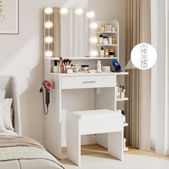 Pipleo Makeup Vanity Set with Mirror and Lights, 26.4" White Vanity Mirror with Lights with Large Drawer and 6 Level Storage, White Vanity with Large Led Mirror with 3 Color Lighting Modes