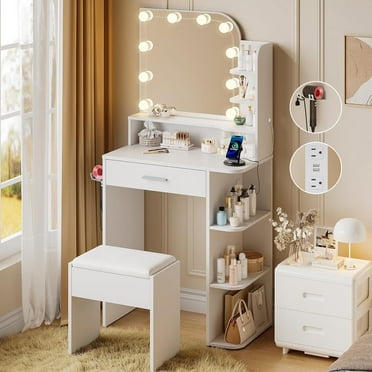 ICEELF Makeup Vanity Desk with Mirror and Lights, 26.4" White Vanity Mirror with Lights with Large Drawer and 6 Level Storage, White Vanity with Large Led Mirror with 3 Color Lighting Modes