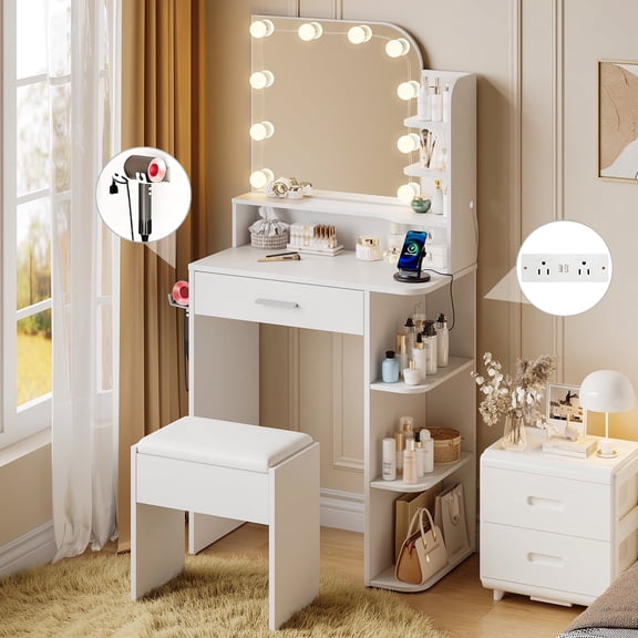 Pipleo 26.4" Small Makeup Vanity Set with Mirror and Lights, Modern Vanity Desk with Bench and Power Outlets