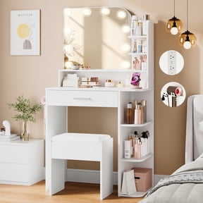 26.4" Small Makeup Vanity Set with Mirror and Lights, NEORIVER Modern Vanity Desk with Bench and Power Outlets