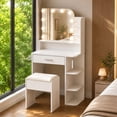 thumbnail image 1 of ICEELF Small Vanity Desk with Mirror and Lights, Makeup Table Set with Stool, 3 Lighting Modes, Hair Dryer Holder & Charging Station, 14.2"D x 26.5"W x 54.4"H, White, 1 of 9