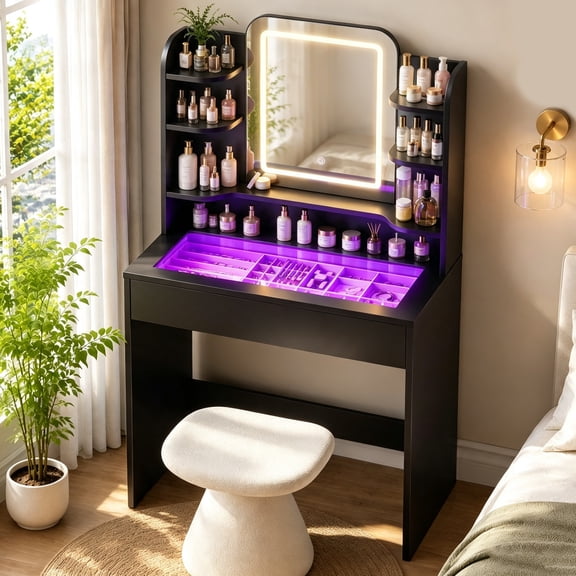 ICEELF Small Vanity Desk with Smart RGB Drawer, LED Mirror, APP & Remote Control, 6000+ Colors, 5 Shelves, Black