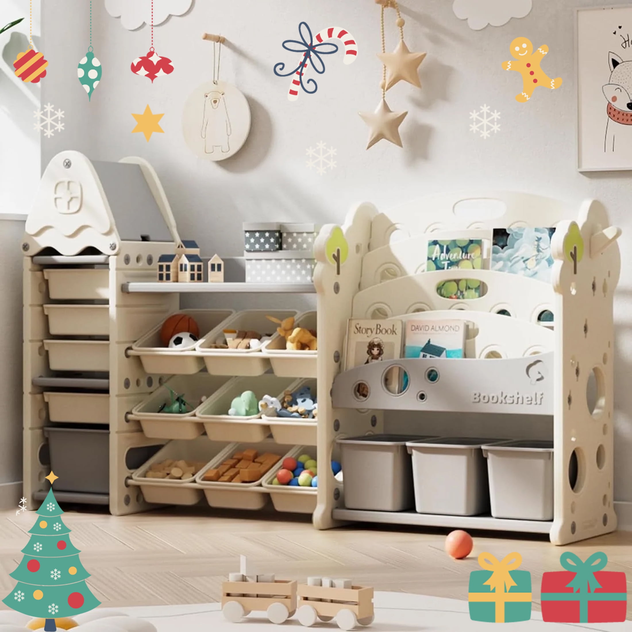 ICEELF Toy Storage Organizer with Collapsible Polyethylene Storage Baskets, Bins, Bookshelf, Drawers