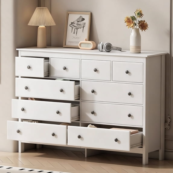 Pipleo White Dresser, 10 Drawer Dresser, 55" Modern Wooden Dressers Chests of Drawer, 10 Drawers Wide Dresser for Bedroom