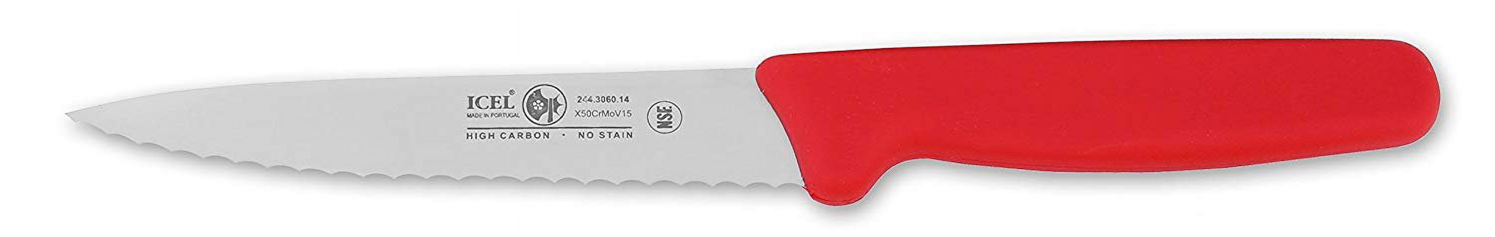 ICEL Cutlery 5 1/2-inch Stiff Boning Knife, Extra Wide Serrated Blade, Red Handle.
