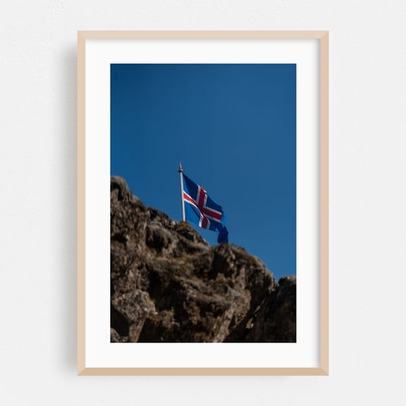 ICELAND | Icelandic Flag - Photography Nature Patriotic Travel Poster Scenic Minimalist Landscape Mountain Oak Framed Wall Art Print 16 x 24 inches
