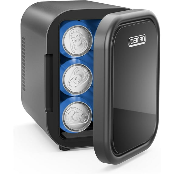 ICEMAN Portable Mini Fridge w/ 6 12oz Can Capacity, Cools and Heats, Car Plug Included - Black, New